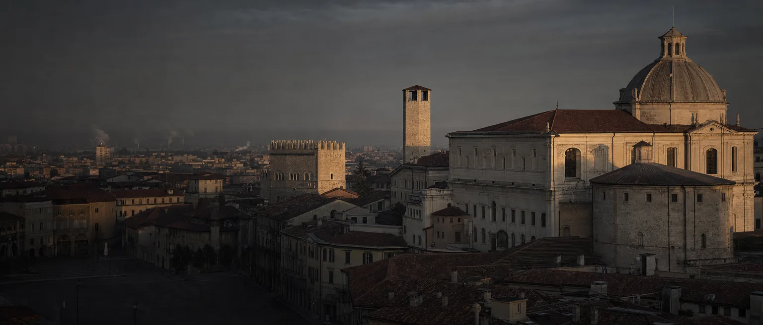 Brescia at dusk, from the cathedral toward the plain.