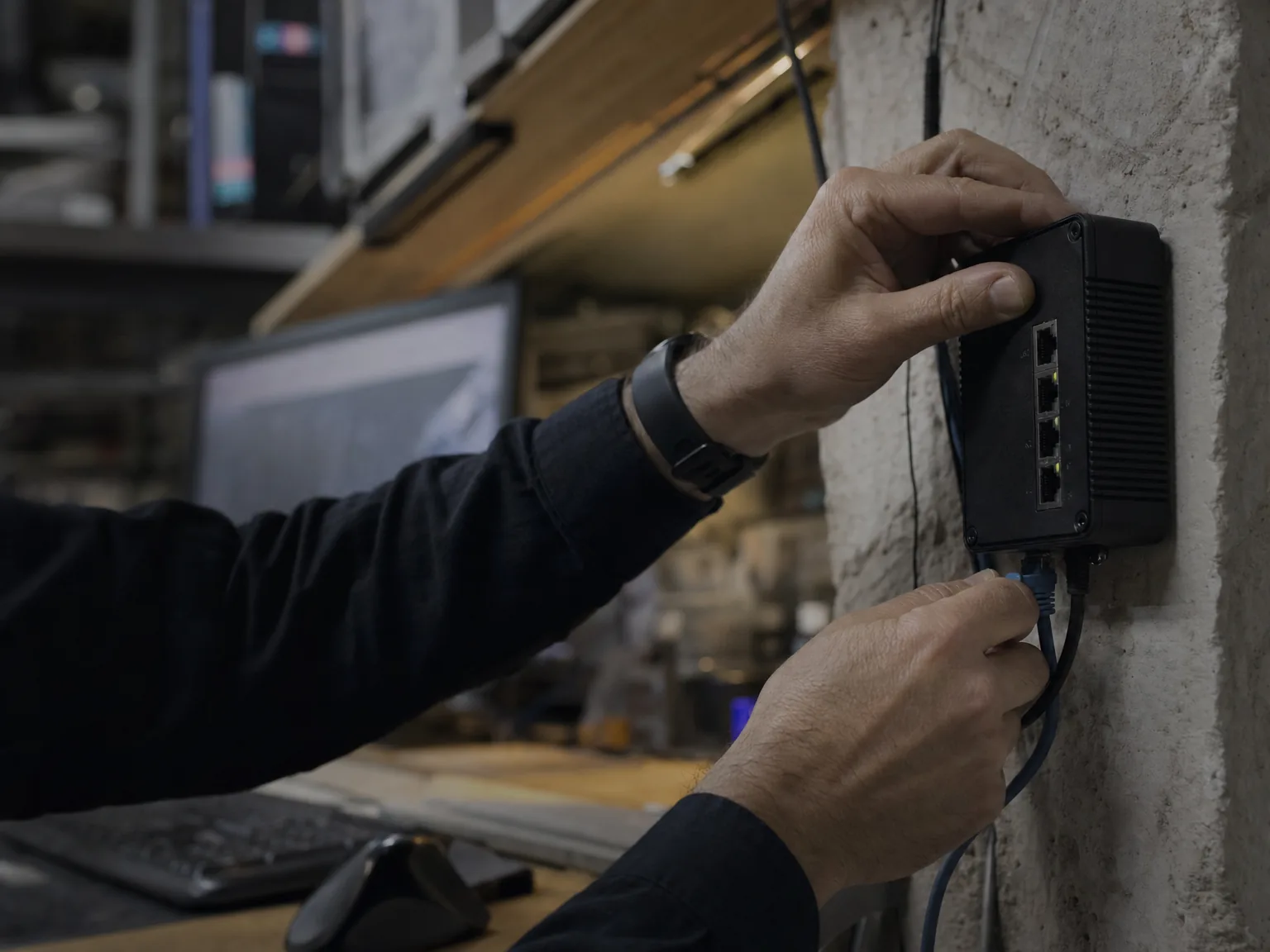 Hands installing a network device on the wall of a workshop in Brescia.